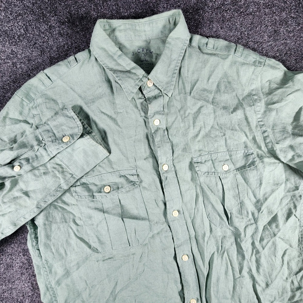 J.Crew Irish Linen Shirt‎ Mens Large Green Long Sleeve Epaulet EUC